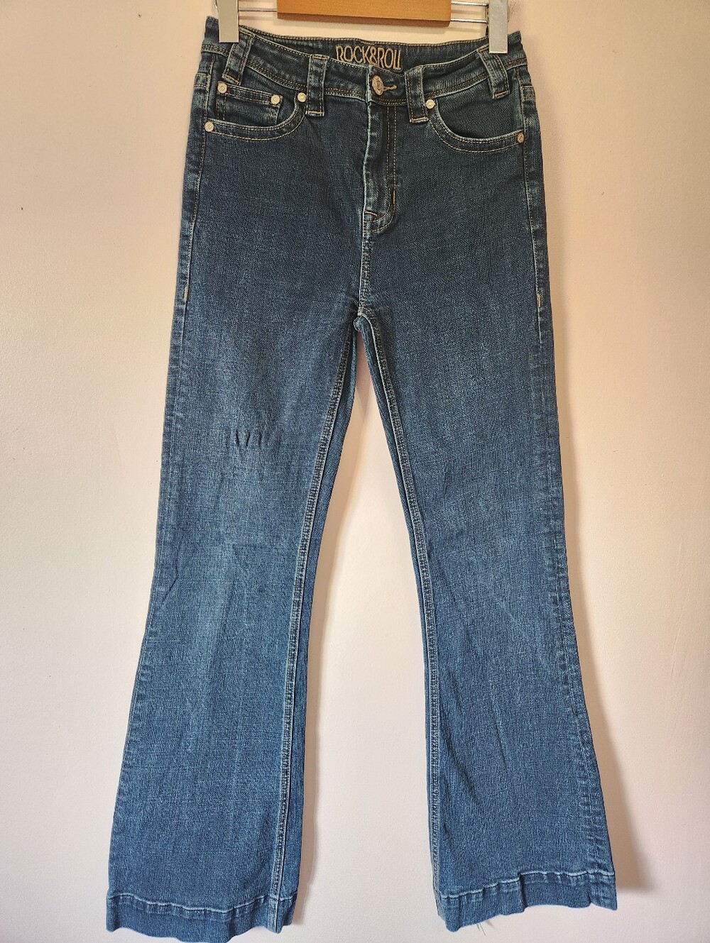 Rock & Roll Cowgirl High Rise Wide Leg Trouser Flare Western Jeans Dark Wash 26